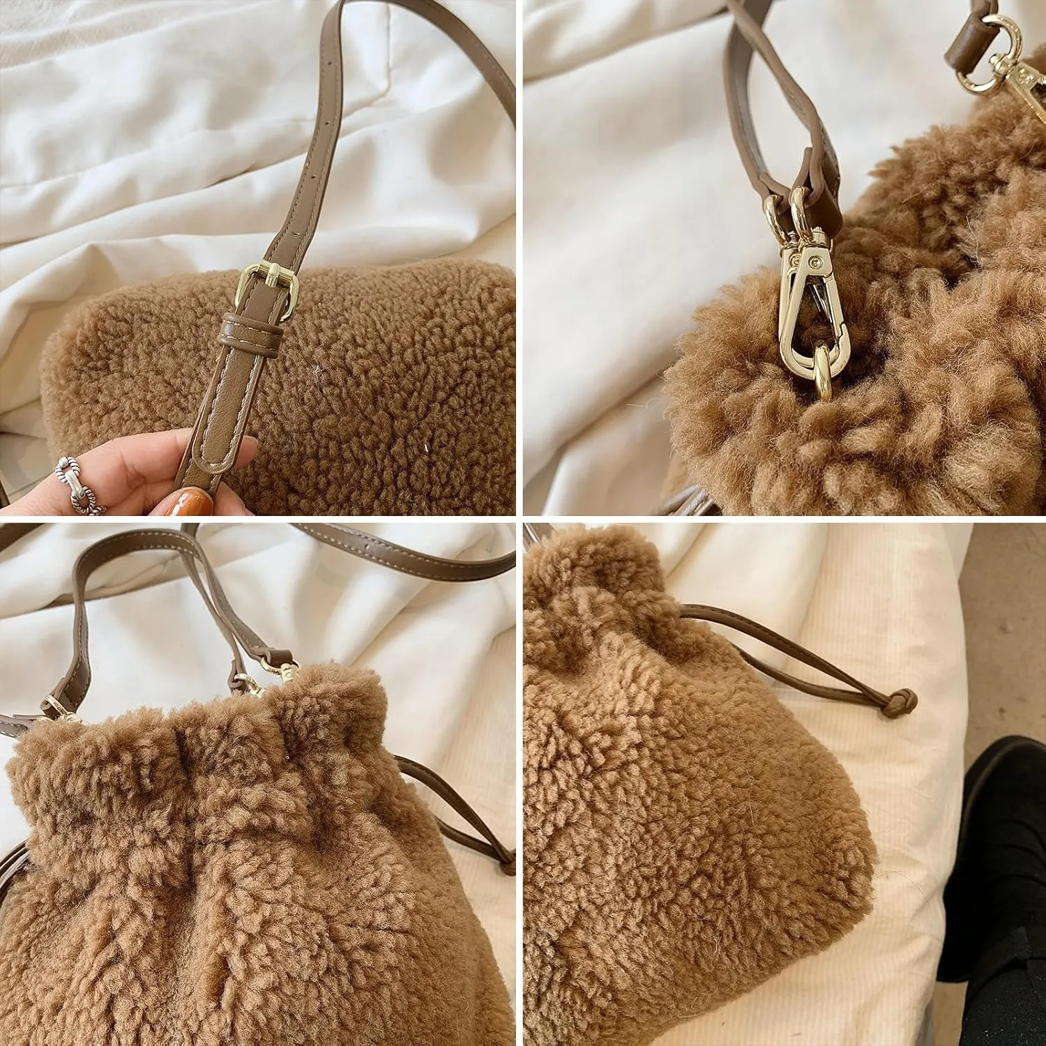 Fluffy Purse, Faux Fur Purses for Women Furry Crossbody Bucket Bags Fuzzy Shoulder Tote Bag