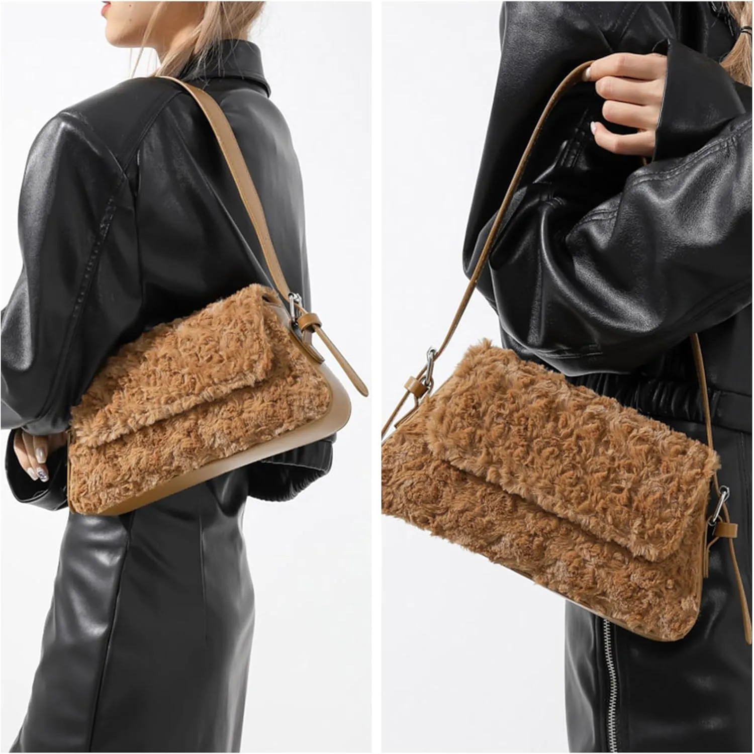 Fluffy Shoulder Bag, Fuzzy Tote Bag Faux Fur Flower Purse Shoulder Handbags for Women