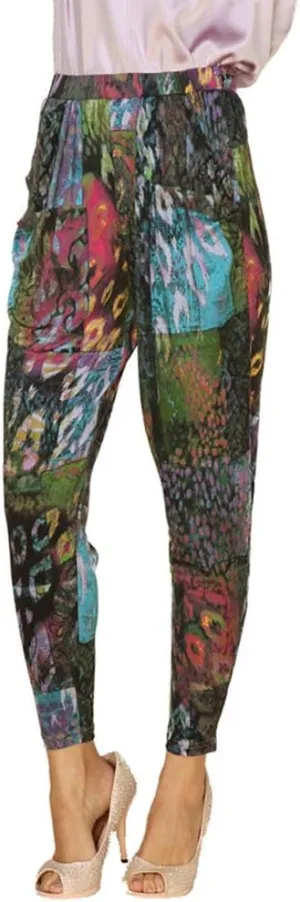 Forever Angel Women's 100% Silk Stretch Baggy Pants Casual Harem with Pockets Felice Floral Size L