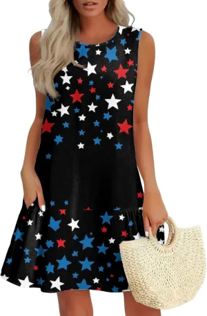 Fourth of July Dresses for Women Summer Red White and Blue Patriotic Dress Knee Length Aline Sleeveless Tank Dress