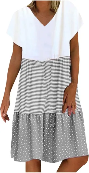 FZYLQY Summer Dresses for Womens 2024 Plus Size Beach Flowy Dresses V Neck Short Sleeve Color Block Patchwork Casual Dress