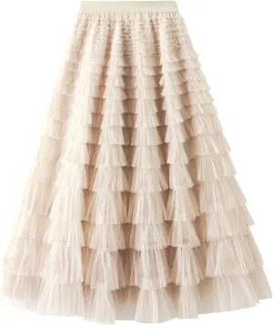 GOLDSTITCH Tulle Skirts for Women Long Fairy Skirt Tutu A-Line Mesh Layered High Elastic Waist Skirts