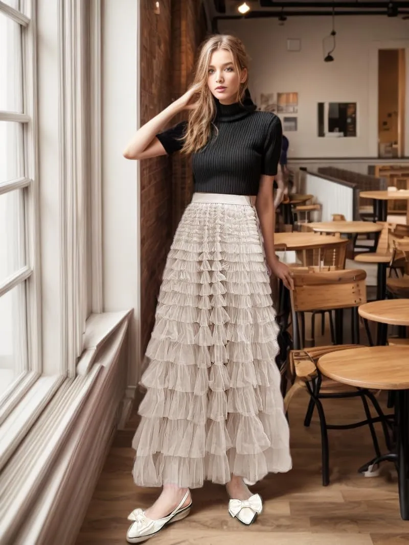 GOLDSTITCH Tulle Skirts for Women Long Fairy Skirt Tutu A-Line Mesh Layered High Elastic Waist Skirts