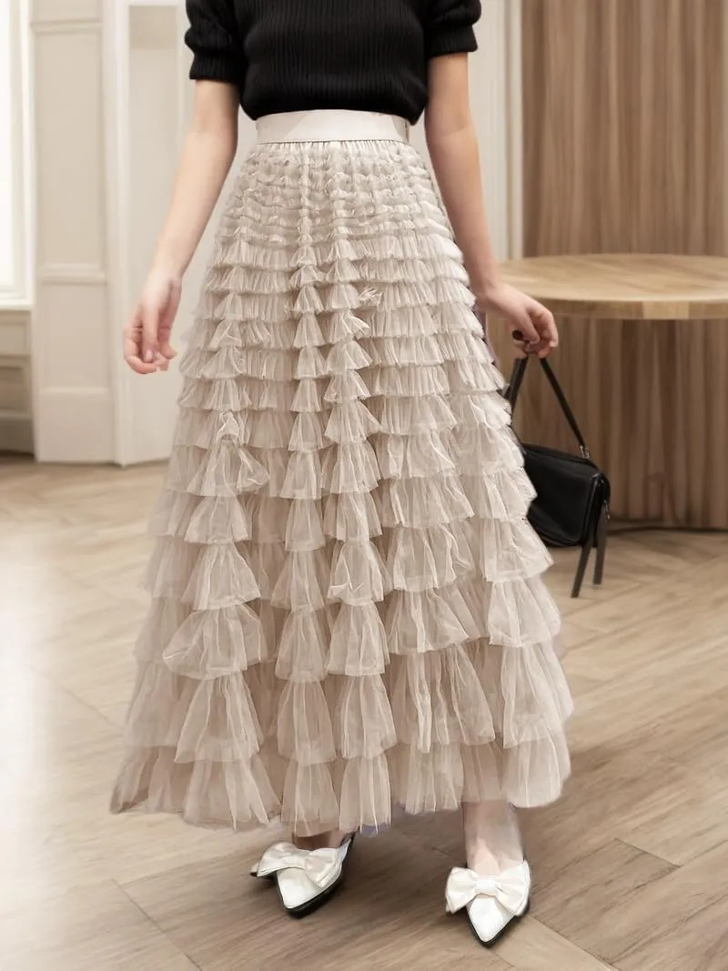 GOLDSTITCH Tulle Skirts for Women Long Fairy Skirt Tutu A-Line Mesh Layered High Elastic Waist Skirts