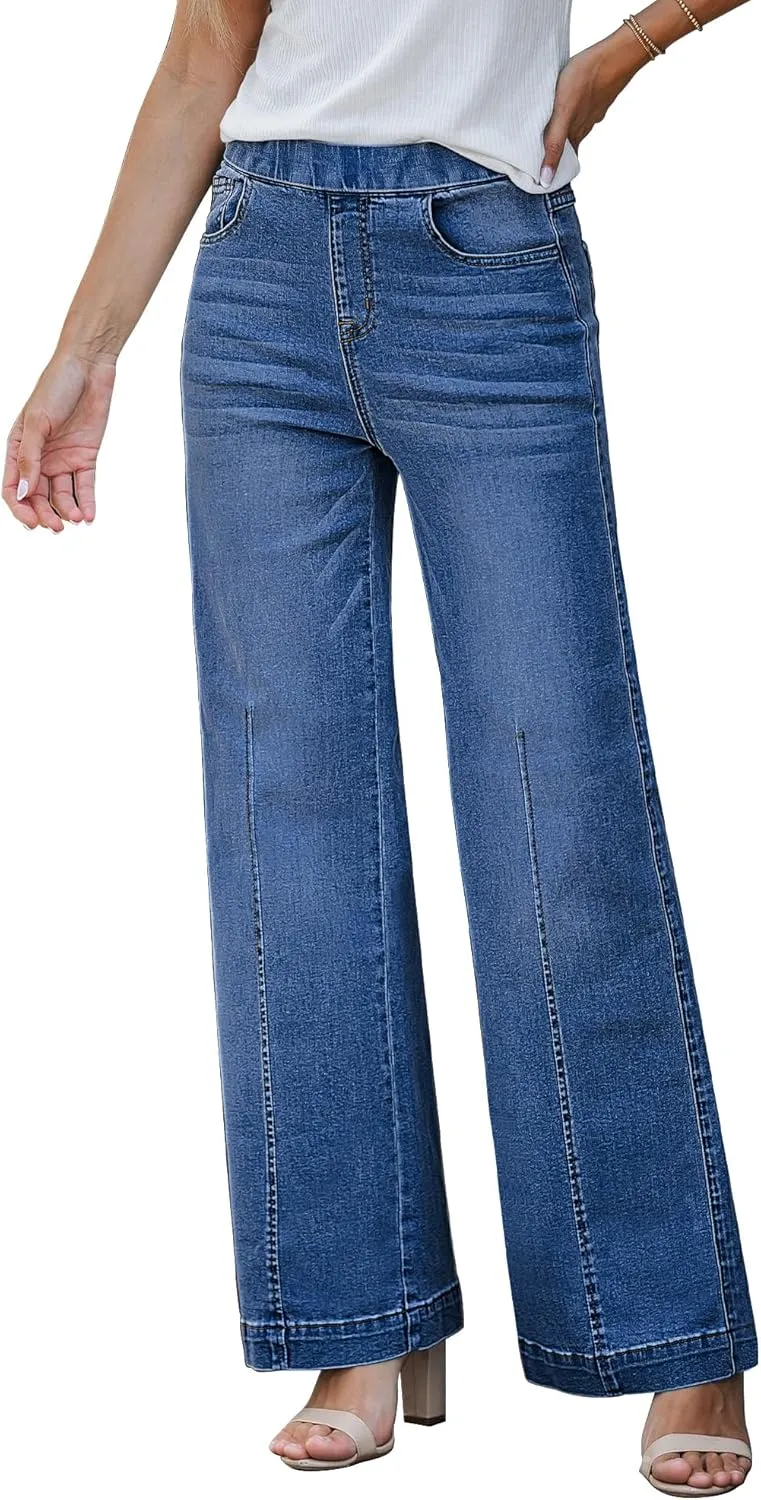 GRAPENT Pull On Womens Jeans Baggy Stretchy High Waisted Denim Wide Leg Trouser Pants Trendy Front Seam 90s Loose Jean