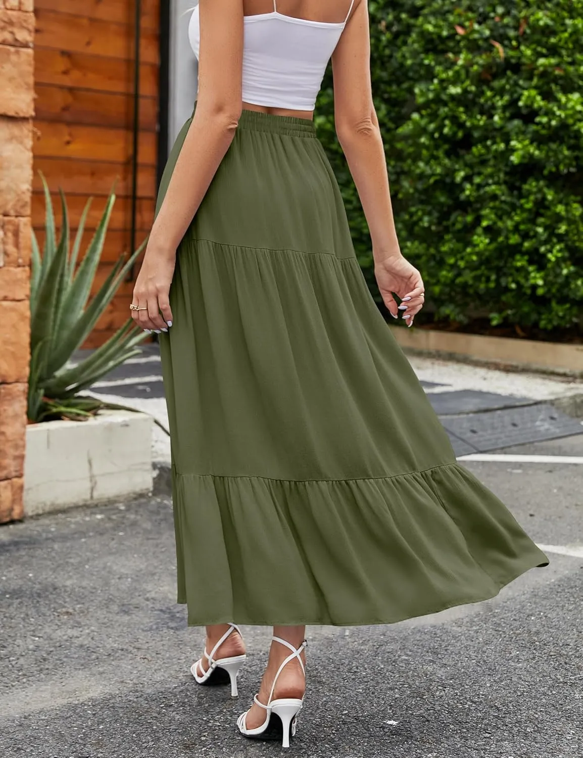 HAEOF Women's 2025 Summer Boho Flowy Maxi Skirt Trendy Slit Elastic High Waist A Line Beach Long Skirts with Pockets