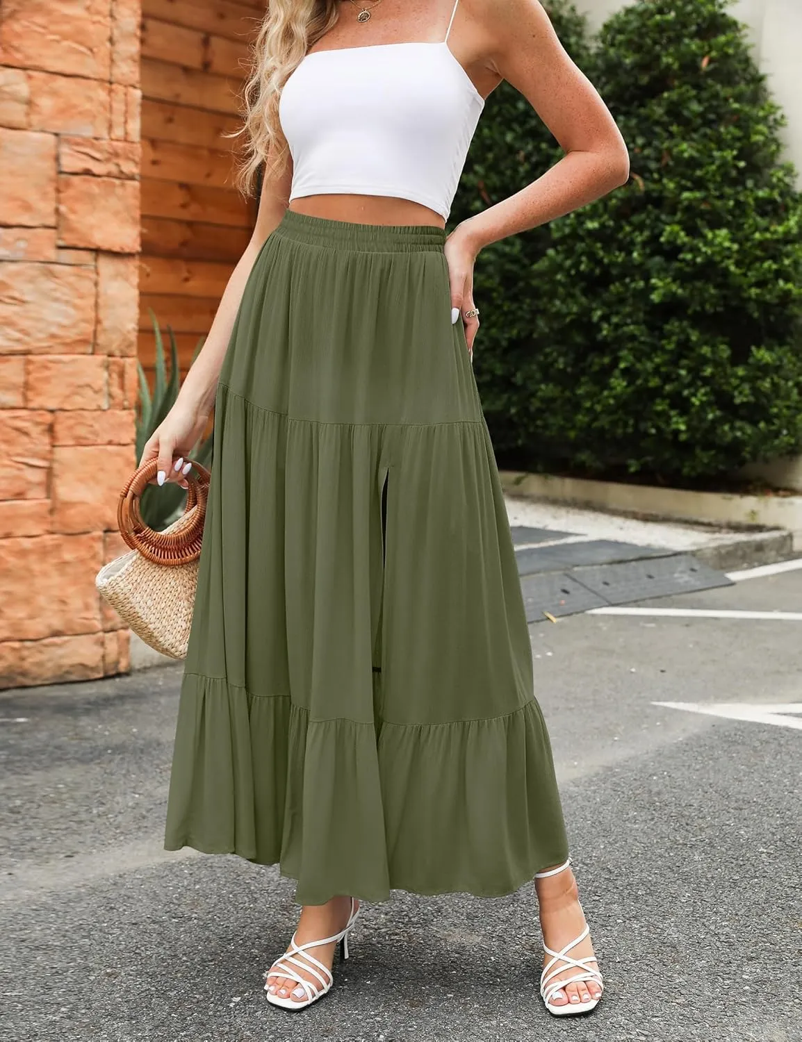 HAEOF Women's 2025 Summer Boho Flowy Maxi Skirt Trendy Slit Elastic High Waist A Line Beach Long Skirts with Pockets