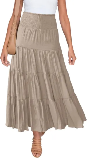 HAEOF Women's Summer Flowy Boho Maxi Skirt Trendy Smocked Waist Ruffle Tiered A Line Casual Beach Long Skirts Midi Dress