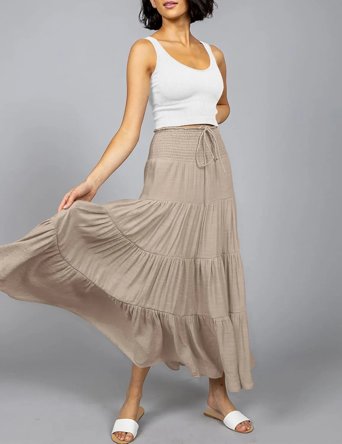 HAEOF Women's Summer Flowy Boho Maxi Skirt Trendy Smocked Waist Ruffle Tiered A Line Casual Beach Long Skirts Midi Dress