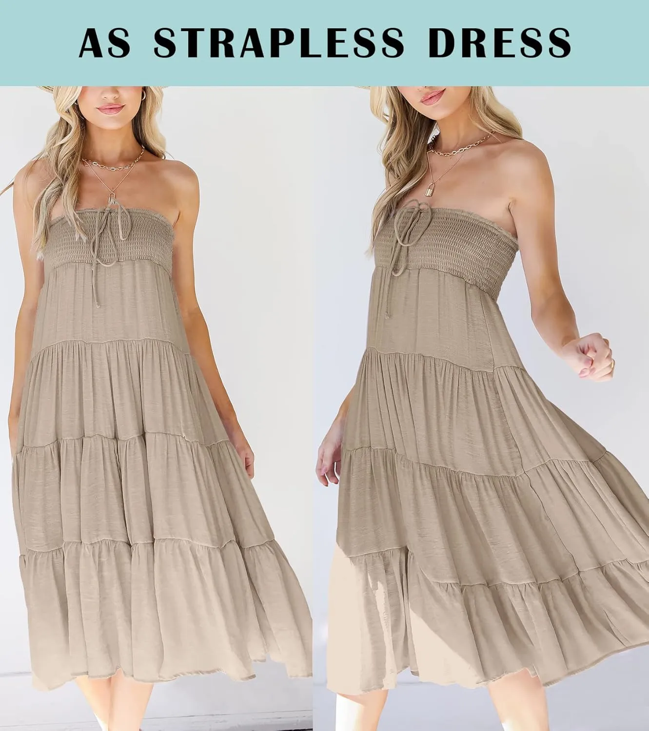 HAEOF Women's Summer Flowy Boho Maxi Skirt Trendy Smocked Waist Ruffle Tiered A Line Casual Beach Long Skirts Midi Dress