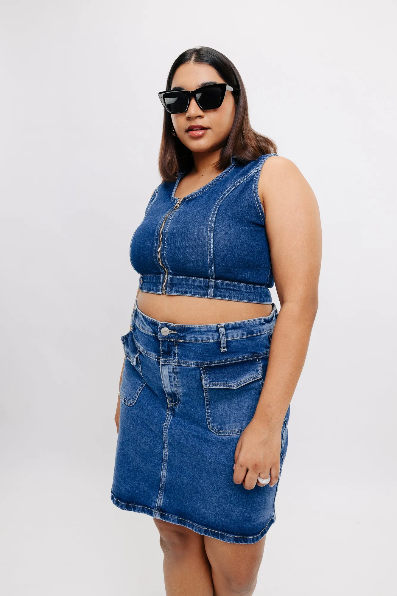Halter Front Zip Denim Top