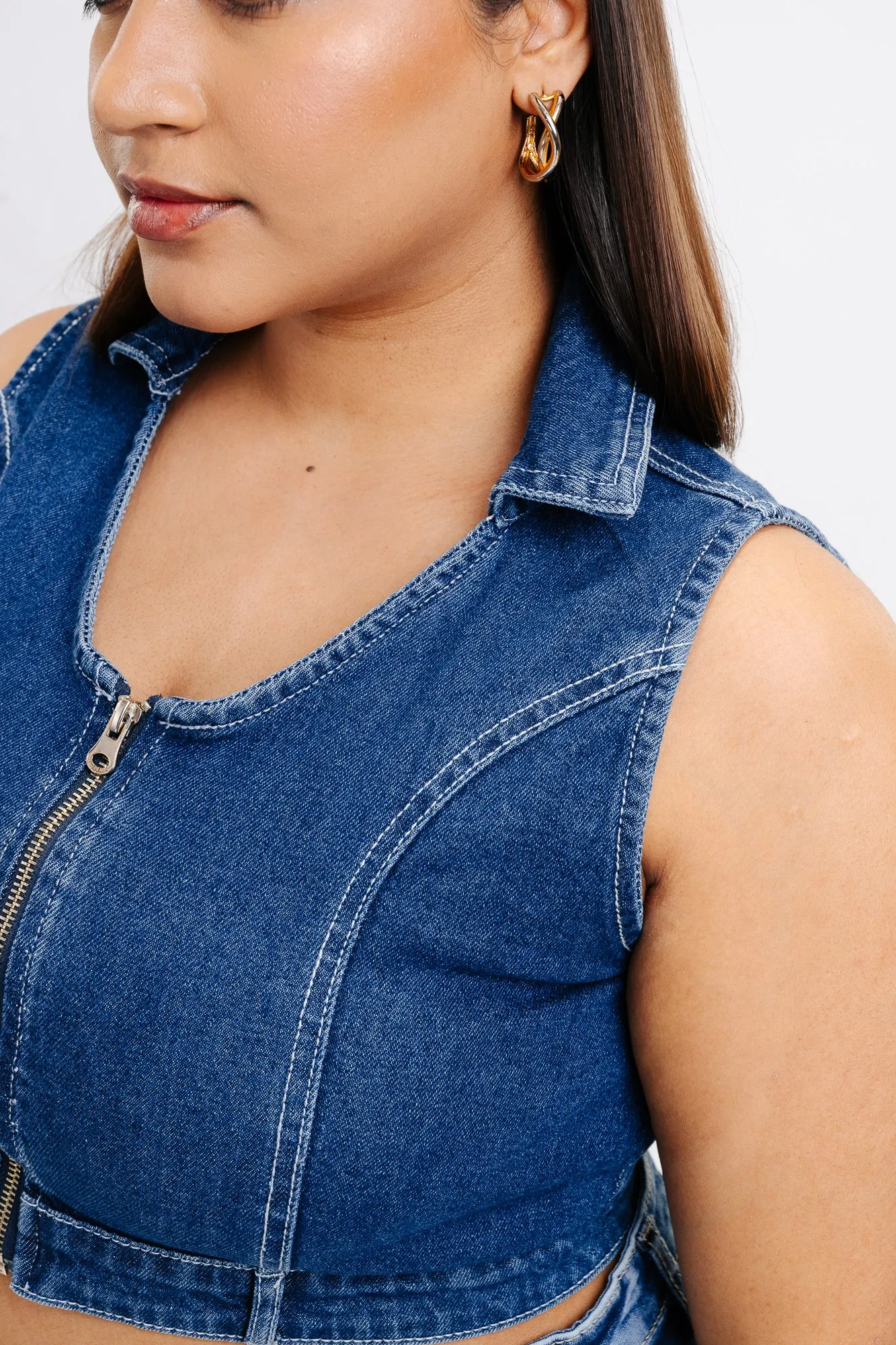 Halter Front Zip Denim Top