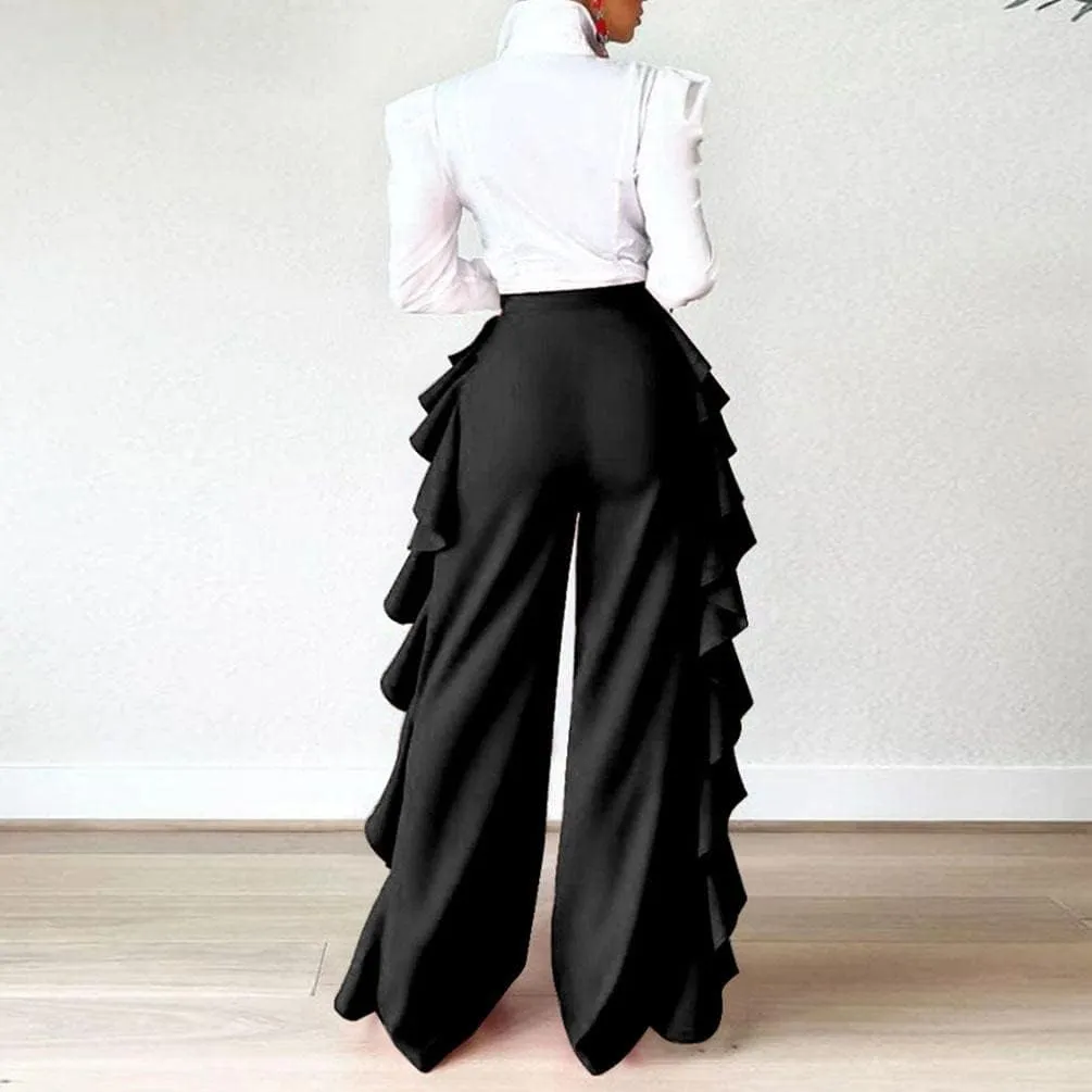 HANMAX Women's High Waist Casual Ruffle Wide Leg Long Palazzo Pants Trousers