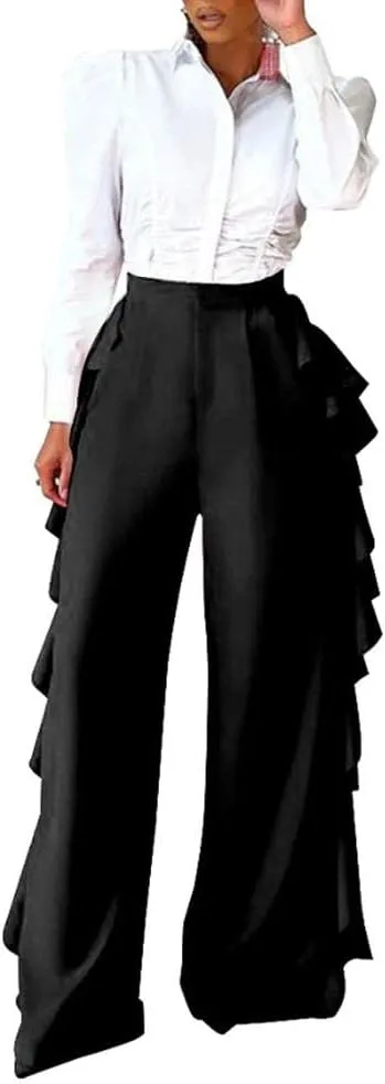 HANMAX Women's High Waist Casual Ruffle Wide Leg Long Palazzo Pants Trousers