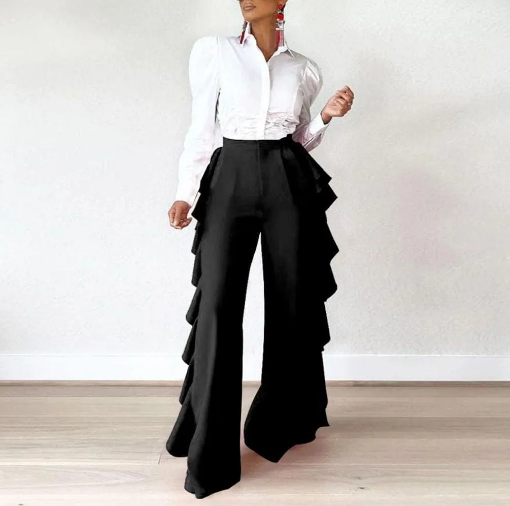 HANMAX Women's High Waist Casual Ruffle Wide Leg Long Palazzo Pants Trousers