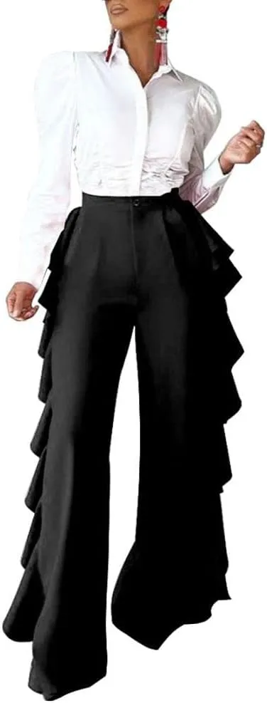HANMAX Women's High Waist Casual Ruffle Wide Leg Long Palazzo Pants Trousers