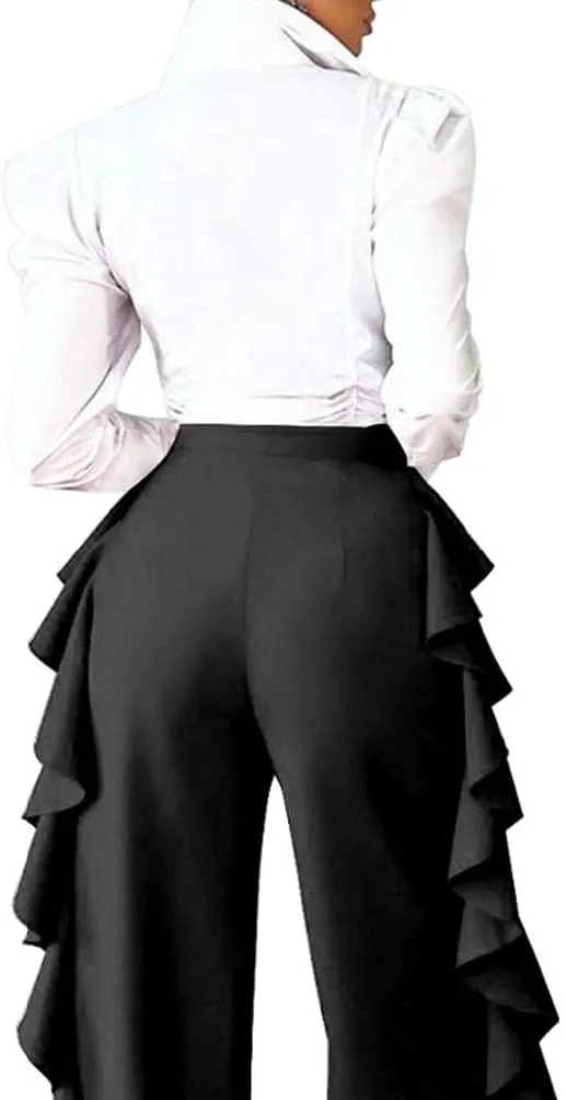 HANMAX Women's High Waist Casual Ruffle Wide Leg Long Palazzo Pants Trousers