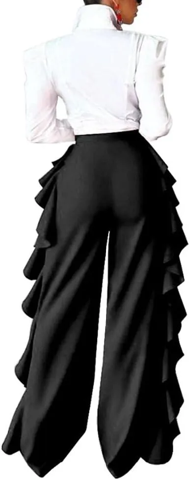 HANMAX Women's High Waist Casual Ruffle Wide Leg Long Palazzo Pants Trousers