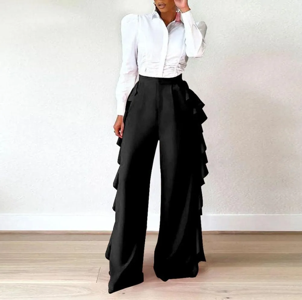 HANMAX Women's High Waist Casual Ruffle Wide Leg Long Palazzo Pants Trousers