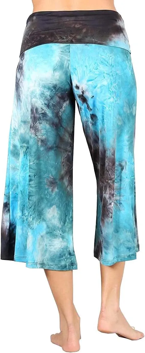 HEYHUN Women's Solid Tie Dye Wide Leg Flared Capri Boho Gaucho Pants w/Lace Detail