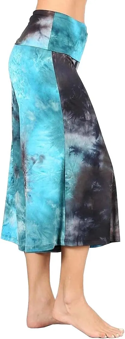 HEYHUN Women's Solid Tie Dye Wide Leg Flared Capri Boho Gaucho Pants w/Lace Detail