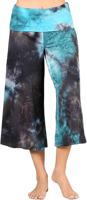 HEYHUN Women's Solid Tie Dye Wide Leg Flared Capri Boho Gaucho Pants w/Lace Detail
