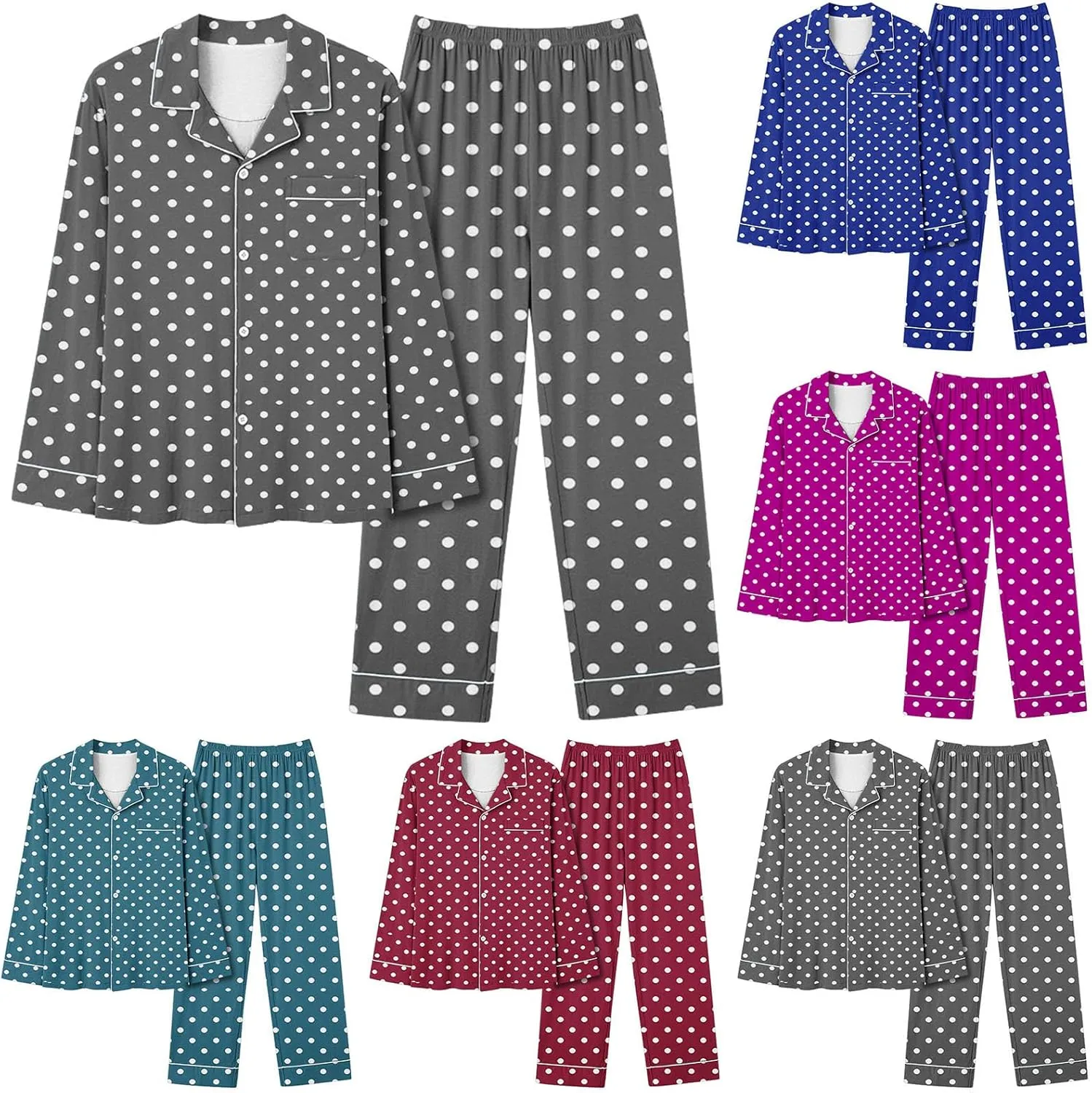 HGps8w Long Sleeve Pajamas Sets for Women Polka Dots Casual Button Down Sleepwear Tops with Long Pants Loungewear