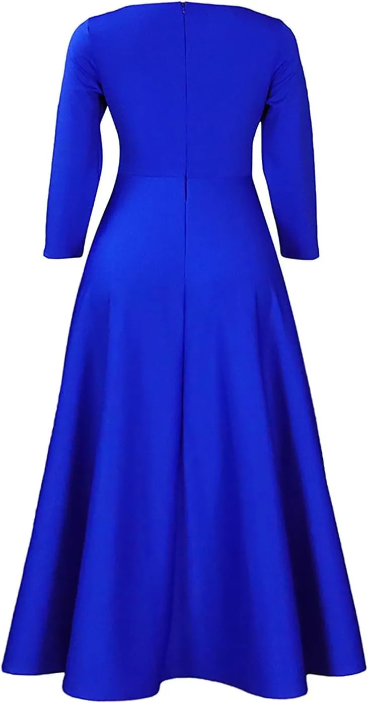 HGps8w Plus Size Women Elegant Belted High Waist Midi Dresses - Formal Solid Long Sleeve Wedding Guests Dress with Pockets