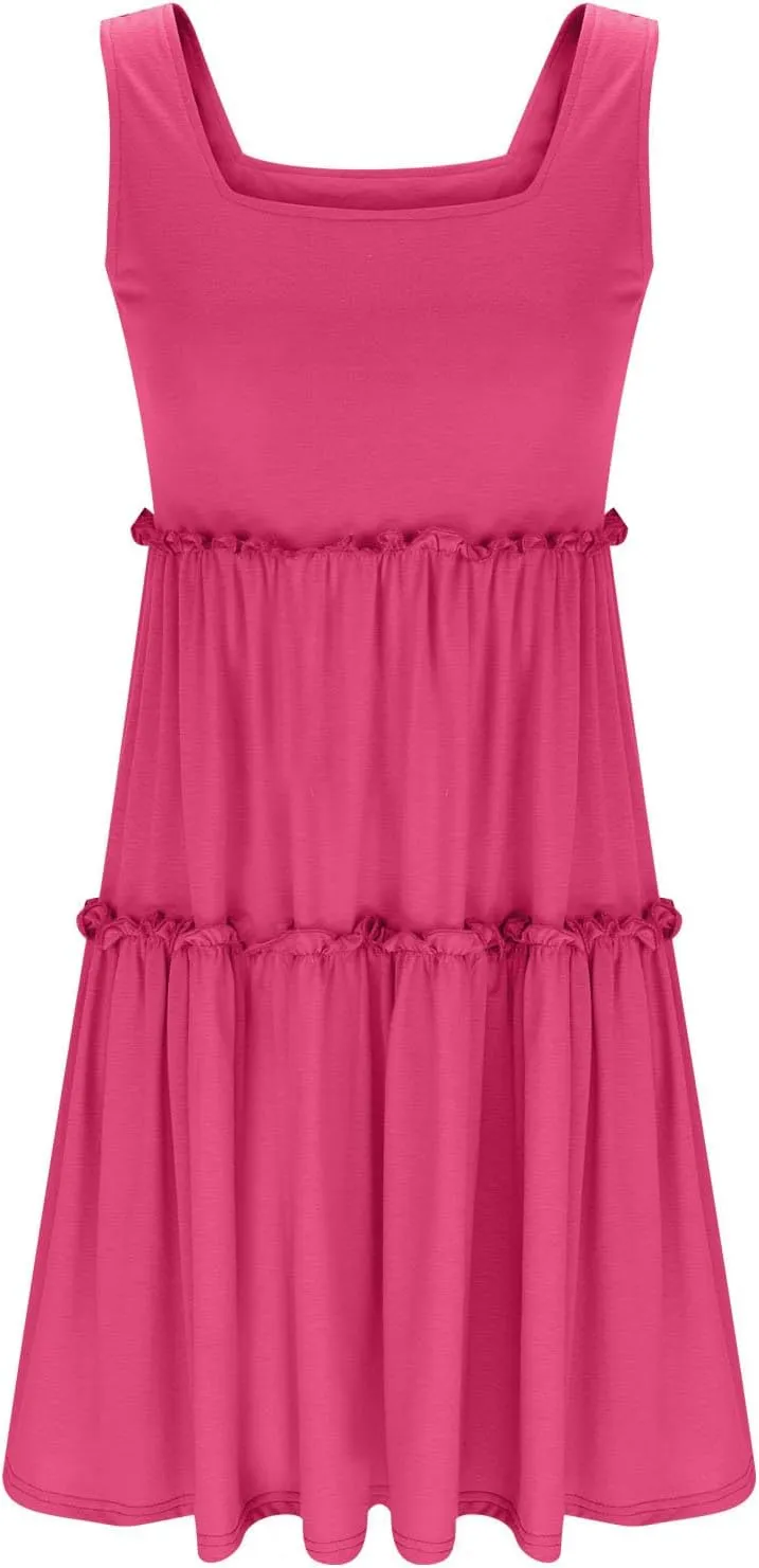 HGps8w Womens 2025 Summer Square Neck Tank Dresses, A-Line Casual Sleeveless Ruffle Tiered Loose Swing Mini Dress