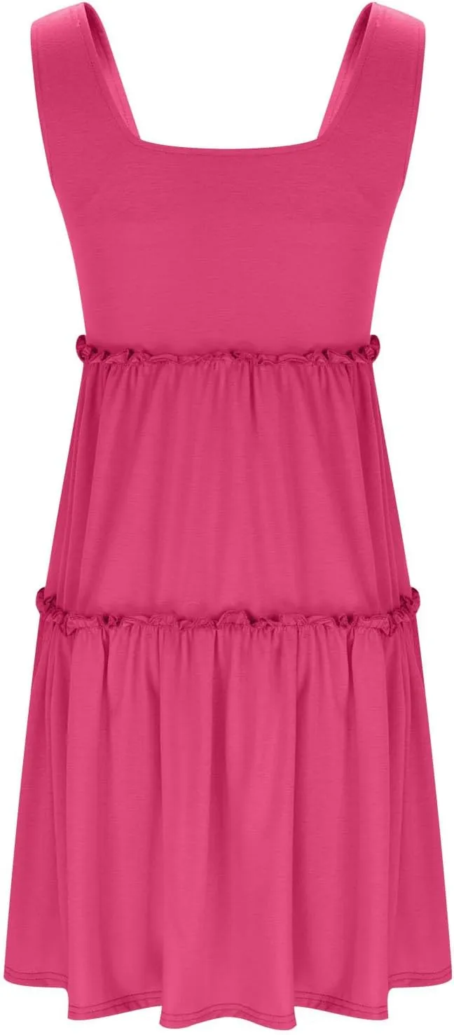HGps8w Womens 2025 Summer Square Neck Tank Dresses, A-Line Casual Sleeveless Ruffle Tiered Loose Swing Mini Dress