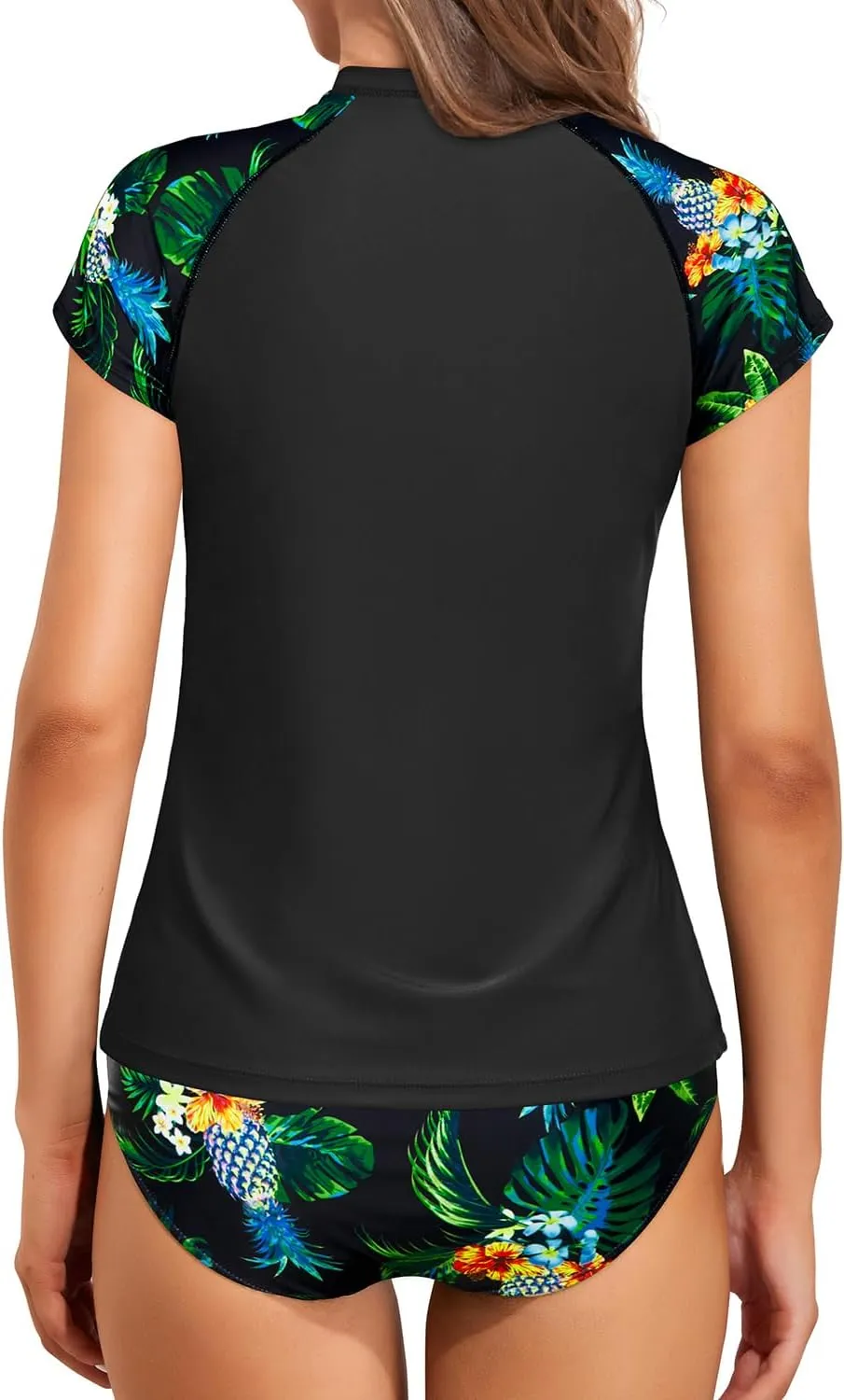 Holipick Two Piece Short Sleeved Rash Guard Cap Sleeve Bathing Suit Zipper Swimsuit Bulid in Bra Swim Shirt Women