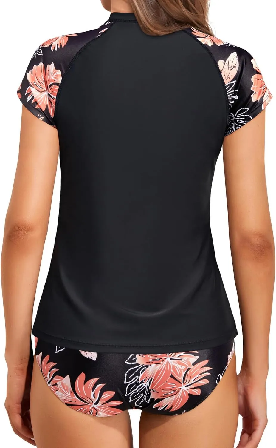 Holipick Two Piece Short Sleeved Rash Guard Cap Sleeve Bathing Suit Zipper Swimsuit Bulid in Bra Swim Shirt Women
