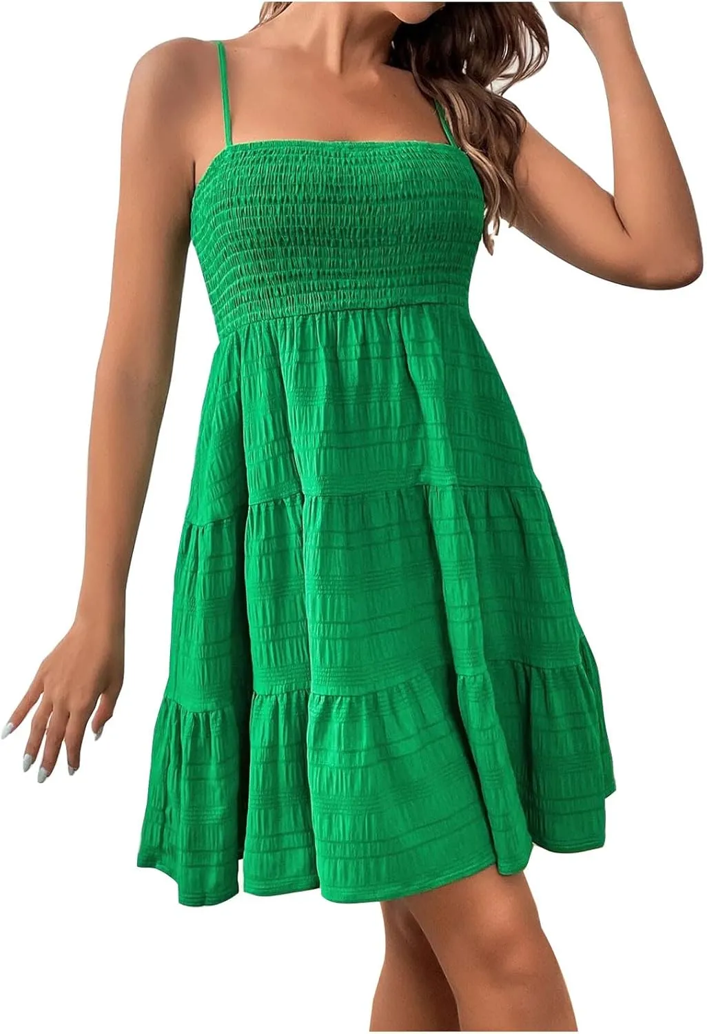 Hvyesh Womens Summer Dresses Casual Sleeveless Spaghetti Strap Square Neck Backless Tiered Ruffle A Line Mini Beach Dress