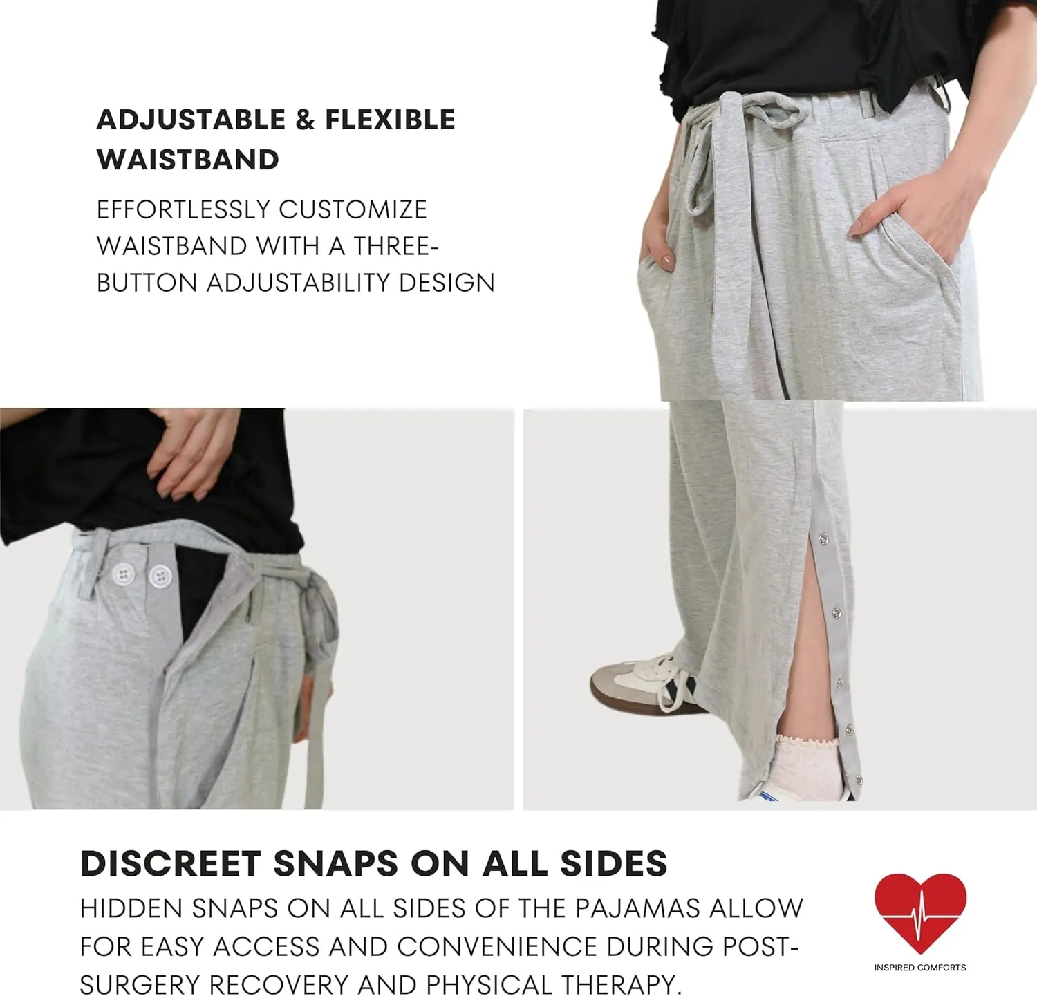 Inspired Comforts Women Tearaway Post Surgery Recovery Pajama Pants with Side Snaps & Pockets