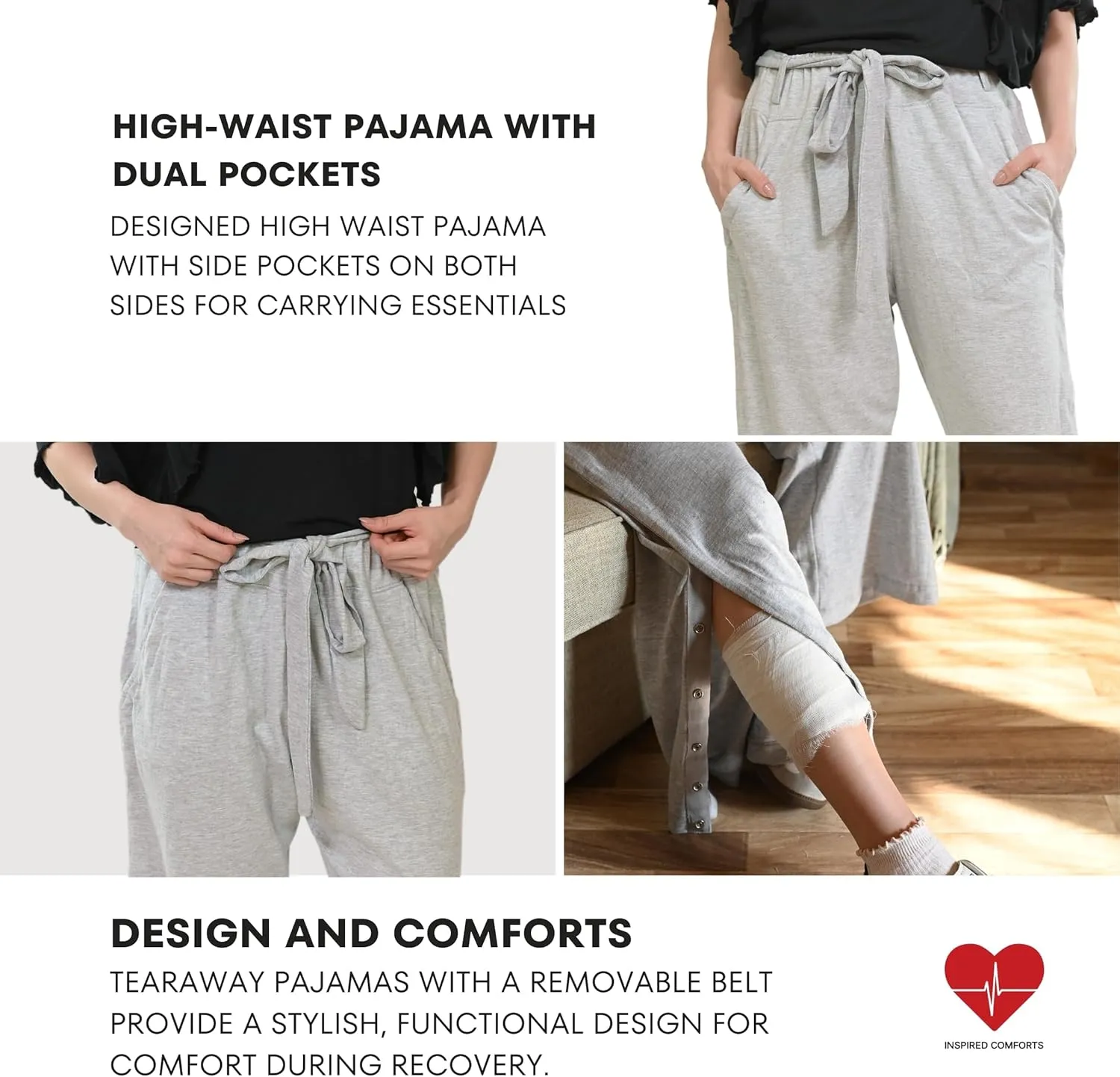 Inspired Comforts Women Tearaway Post Surgery Recovery Pajama Pants with Side Snaps & Pockets