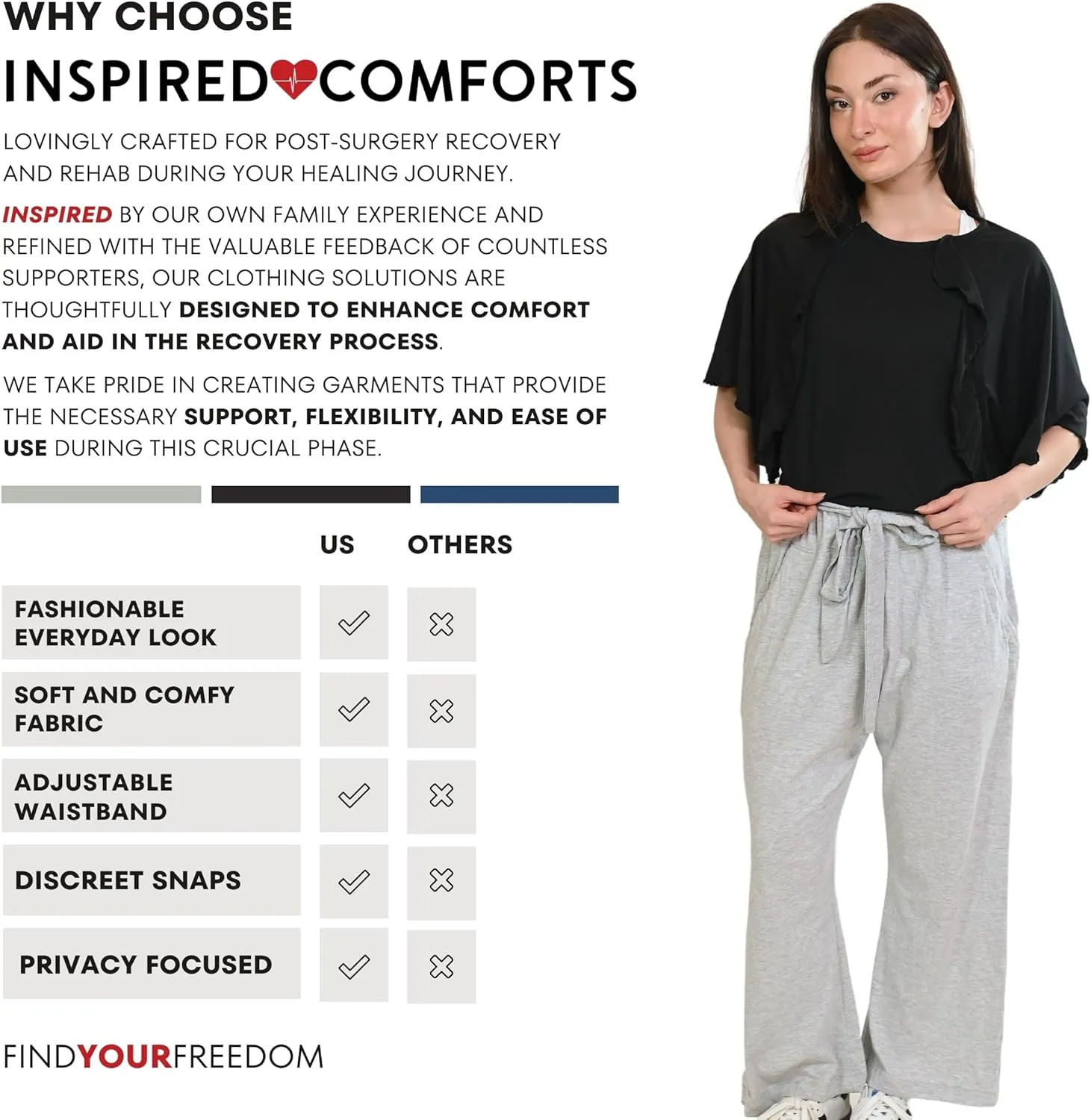 Inspired Comforts Women Tearaway Post Surgery Recovery Pajama Pants with Side Snaps & Pockets