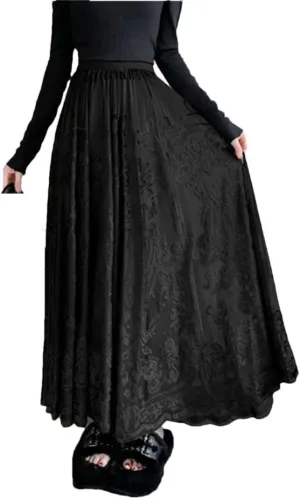 Jacquard Embroidery Lace Skirt Pleated Midi Long Skirts Women Summer Casual Long Skirt