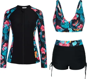 JASAMBAC Women 3 Piece Rash Guard Long Sleeve Zip Up Swimsuits with Boyshort UV UPF 50  Swim Shirt Built in Bra