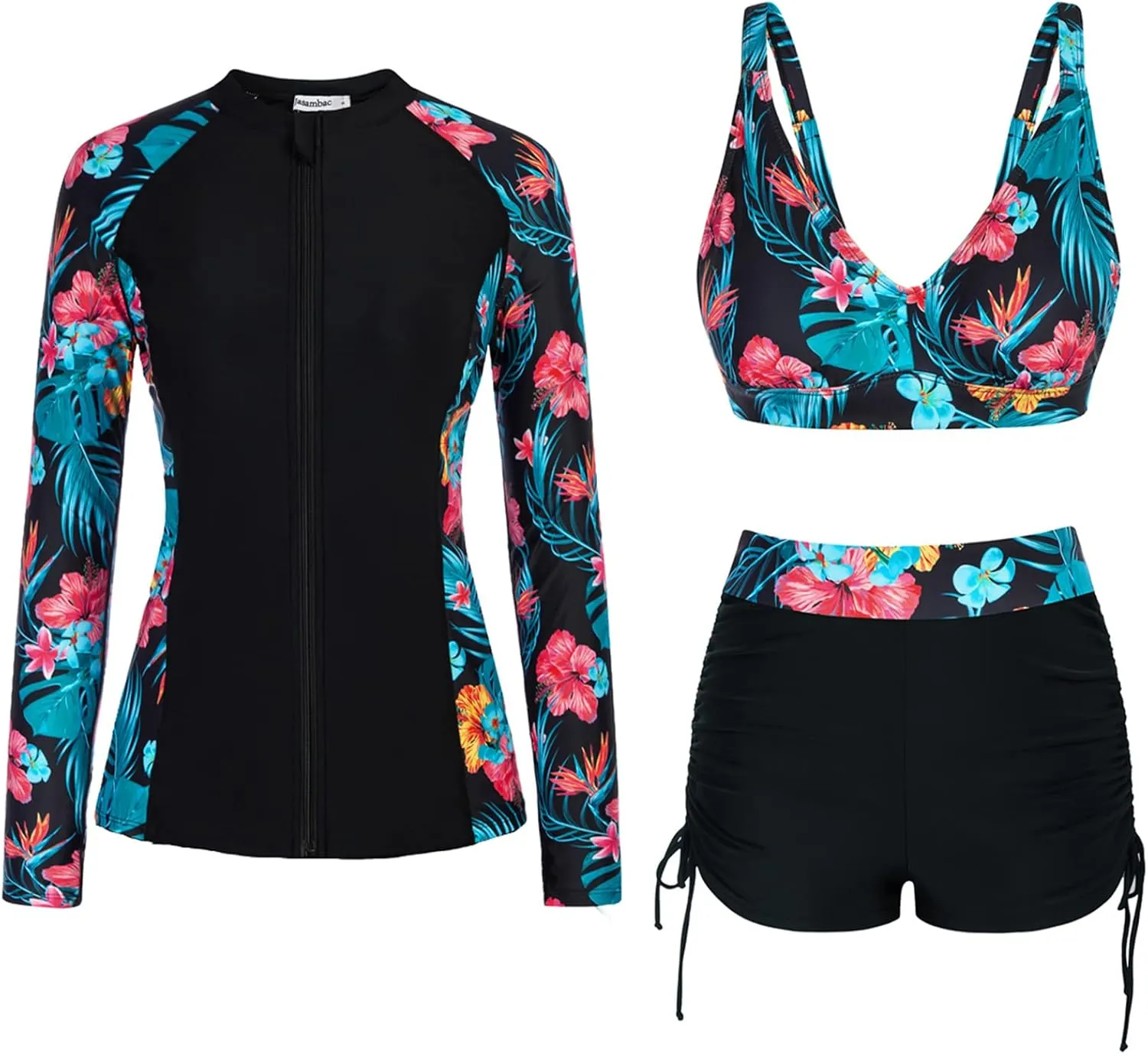 JASAMBAC Women 3 Piece Rash Guard Long Sleeve Zip Up Swimsuits with Boyshort UV UPF 50  Swim Shirt Built in Bra