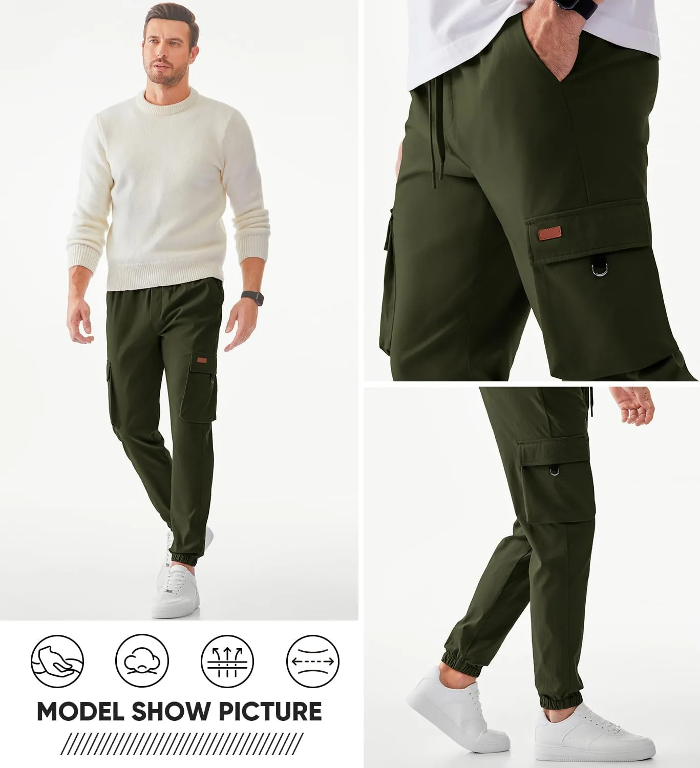 JMIERR Mens Cargo Pants Casual Lightweight Elastic Waist Drawstring Tapered Pant with Pockets