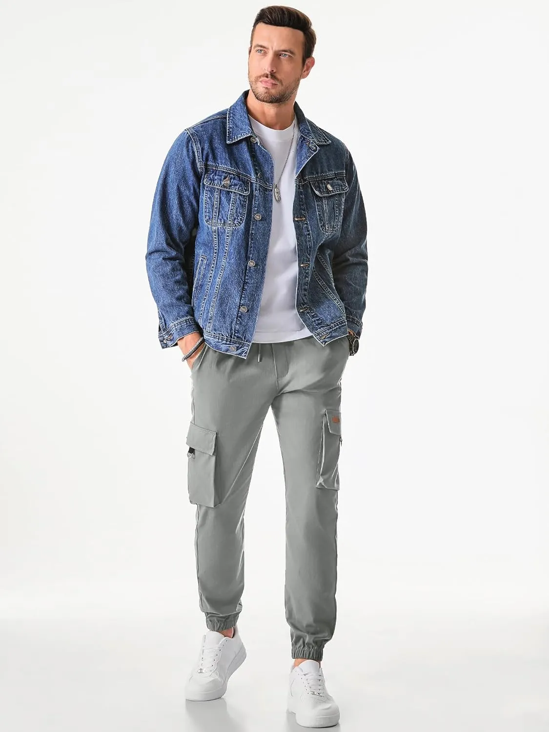 JMIERR Mens Cargo Pants Casual Lightweight Elastic Waist Drawstring Tapered Pant with Pockets