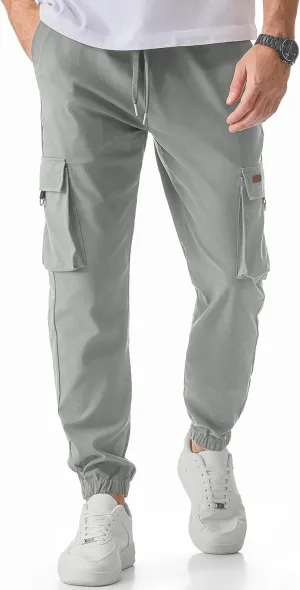 JMIERR Mens Cargo Pants Casual Lightweight Elastic Waist Drawstring Tapered Pant with Pockets