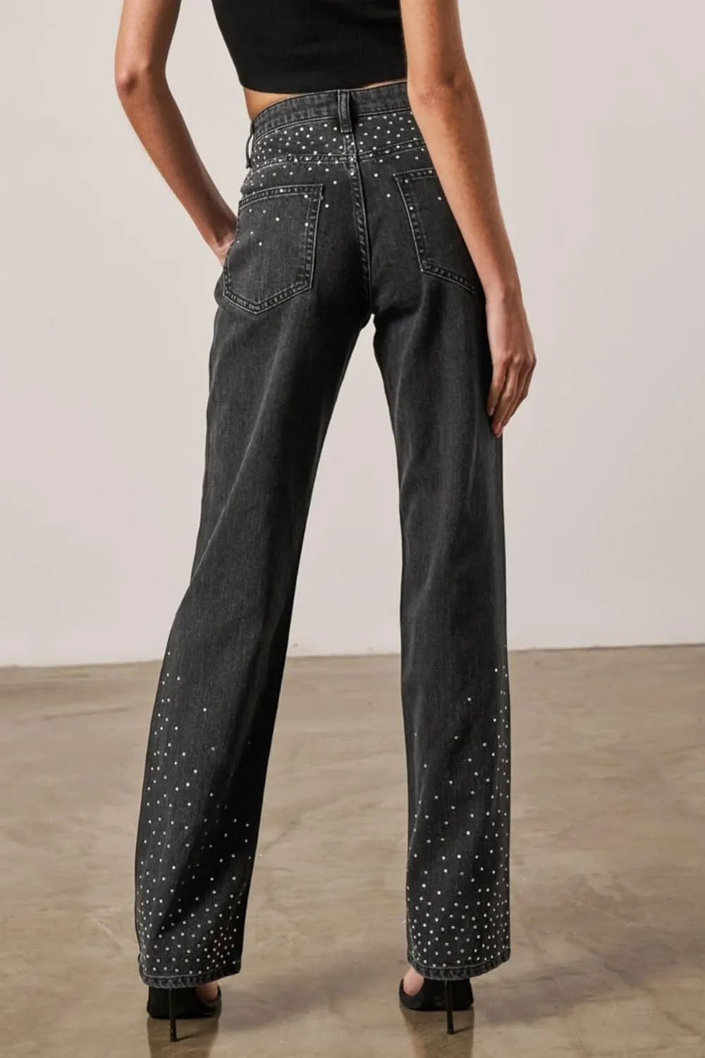 Kedera Womens High Waisted Rhinestone Jeans Straight Wide Leg Bling Denim Pants