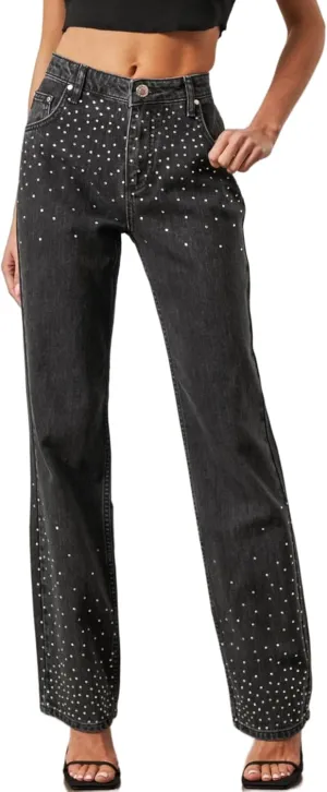 Kedera Womens High Waisted Rhinestone Jeans Straight Wide Leg Bling Denim Pants