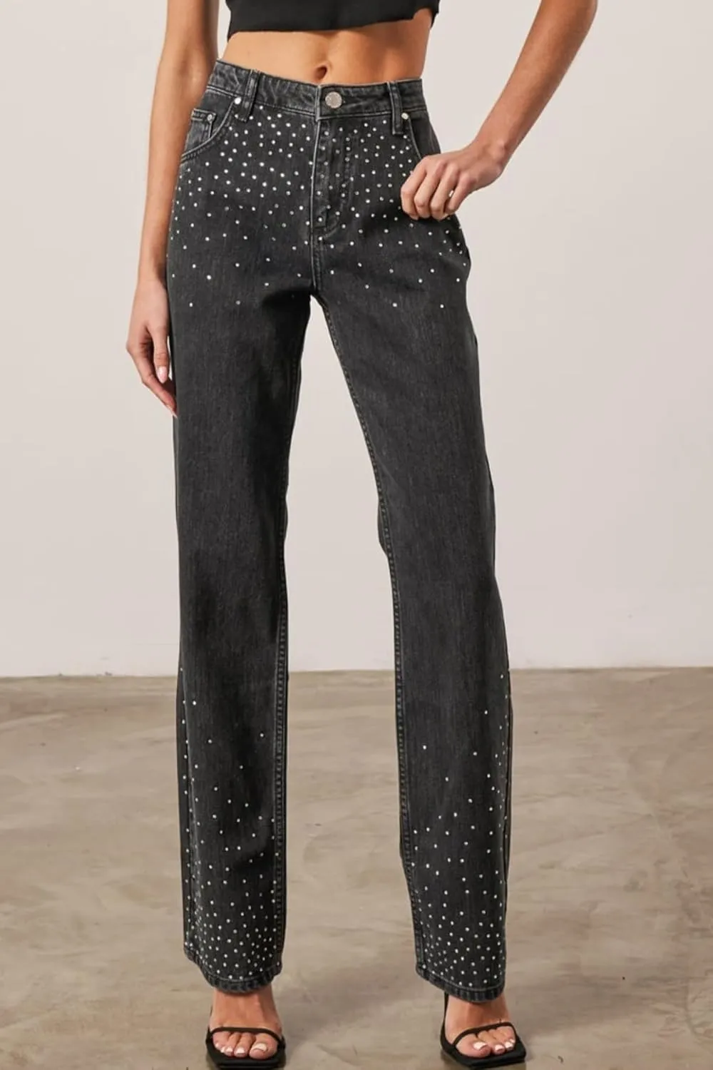 Kedera Womens High Waisted Rhinestone Jeans Straight Wide Leg Bling Denim Pants