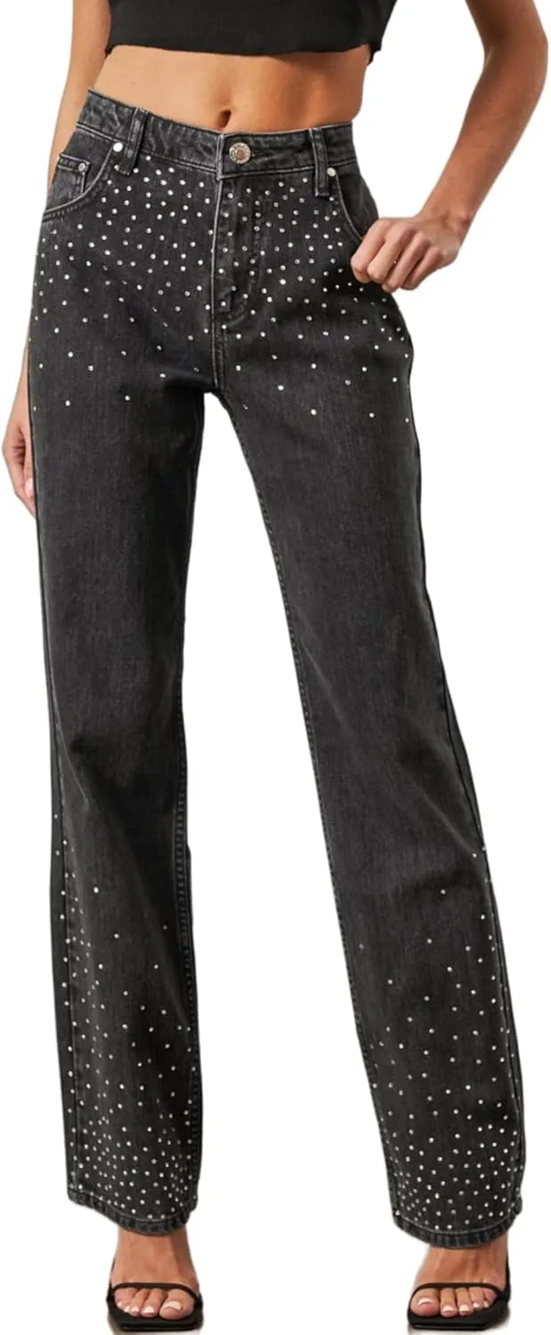 Kedera Womens High Waisted Rhinestone Jeans Straight Wide Leg Bling Denim Pants