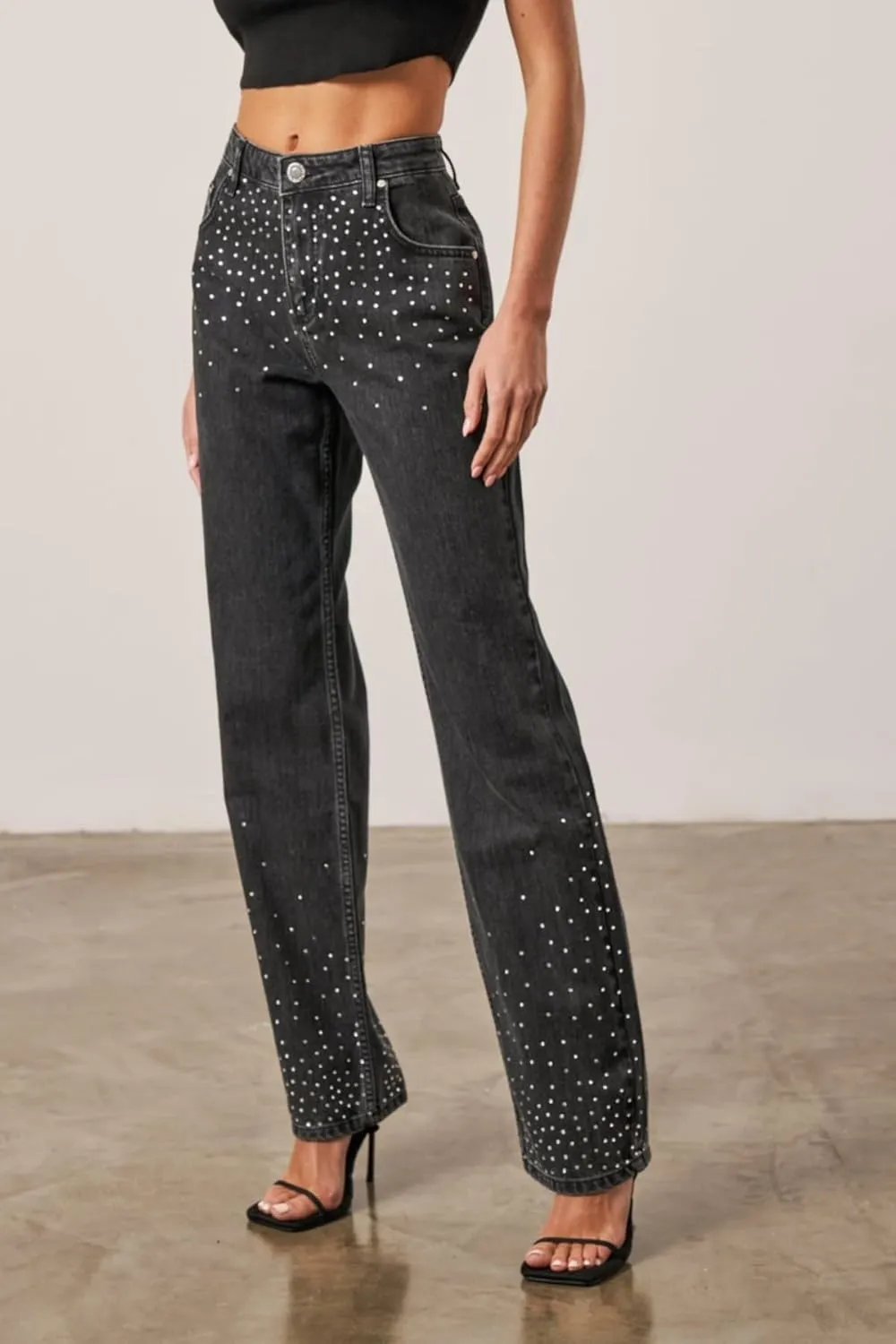 Kedera Womens High Waisted Rhinestone Jeans Straight Wide Leg Bling Denim Pants