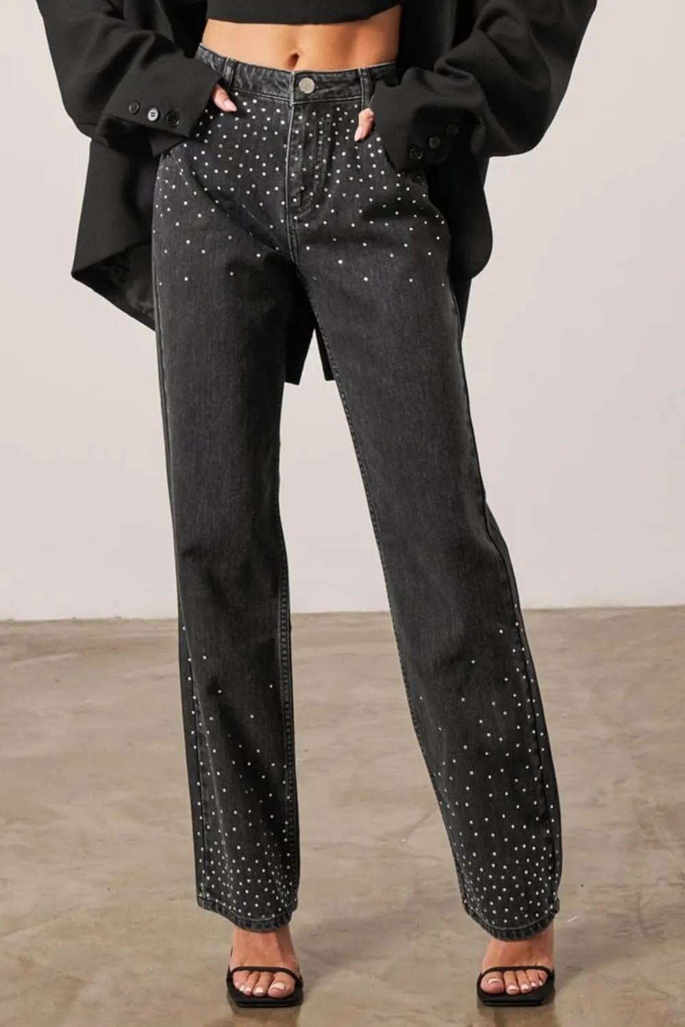 Kedera Womens High Waisted Rhinestone Jeans Straight Wide Leg Bling Denim Pants