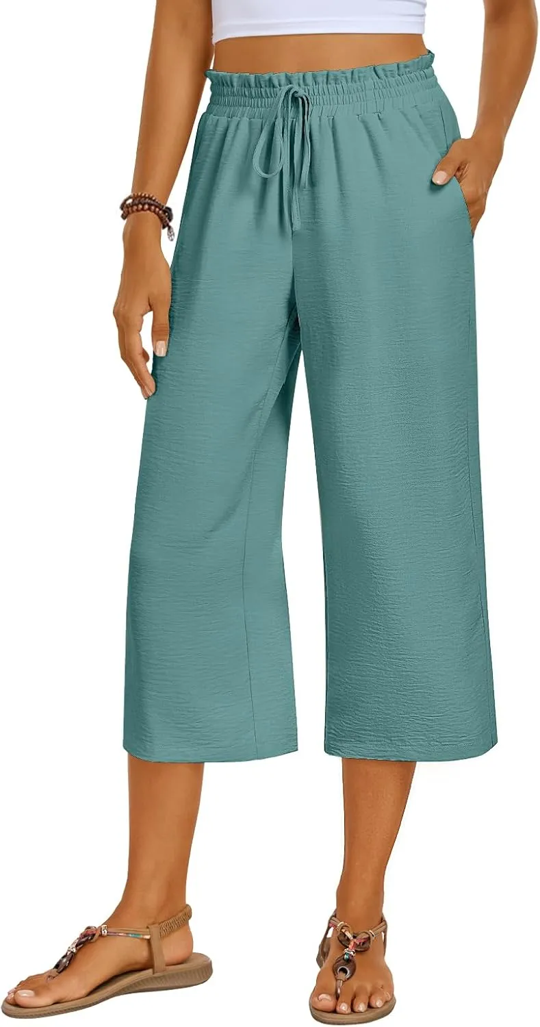 Kikula Women's Capri Pants Loose Wide Leg Trousers High Waisted Drawstring Lounge Pants with Pockets Comfy Palazzo Pants
