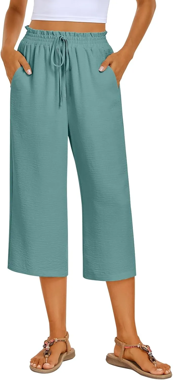 Kikula Women's Capri Pants Loose Wide Leg Trousers High Waisted Drawstring Lounge Pants with Pockets Comfy Palazzo Pants